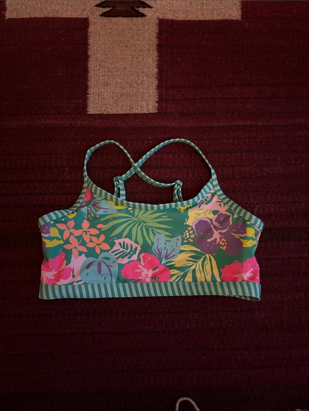 Lands' End Teal Floral Bikini Top with Neon Pink and Yellow